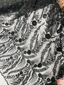 Black Floral Design Beads & Sequins, Lace Beaded Floral & Leaf Embroidered Lace