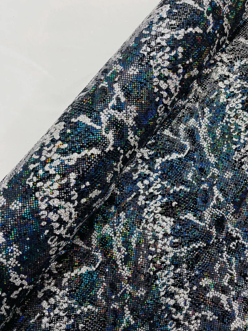 Black Silver Glitter Snake Design Shattered Glass Nylon Spandex Fabric By Yard, Snake Flocking Hologram, Glitter Snake Nylon Spandex