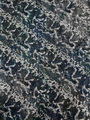 Black Silver Glitter Snake Design Shattered Glass Nylon Spandex Fabric By Yard, Snake Flocking Hologram, Glitter Snake Nylon Spandex