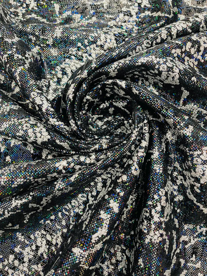 Black Silver Glitter Snake Design Shattered Glass Nylon Spandex Fabric By Yard, Snake Flocking Hologram, Glitter Snake Nylon Spandex