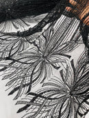 Black Embroidery Beaded Fabric by Yard, Sequin on a Mesh with Floral Lace