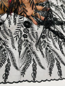 Black Floral Design Beads & Sequins, Lace Beaded Floral & Leaf Embroidered Lace