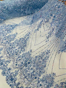 Blue Luxury Beaded Fabric By The Yard, Luxury Geometric Design Beads and Sequins Mesh