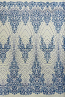 Blue Luxury Beaded Fabric By The Yard, Luxury Geometric Design Beads and Sequins Mesh