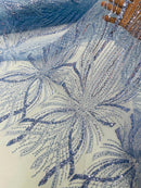 Blue Embroidery Beaded Fabric by Yard, Sequin on a Mesh with Floral Lace