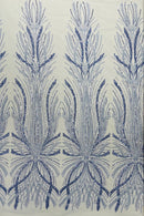 Blue Embroidery Beaded Fabric by Yard, Sequin on a Mesh with Floral Lace
