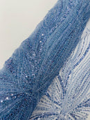 Blue Embroidery Beaded Fabric by Yard, Sequin on a Mesh with Floral Lace