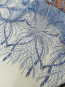 Blue Embroidery Beaded Fabric by Yard, Sequin on a Mesh with Floral Lace