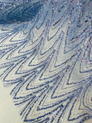 Blue Luxury Beaded Pattern Fabric by the yard, Embroidery Beaded Lace Fabric