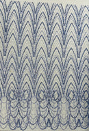 Blue Luxury Beaded Pattern Fabric by the yard, Embroidery Beaded Lace Fabric