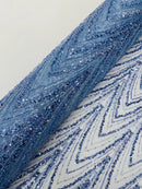 Blue Luxury Beaded Pattern Fabric by the yard, Embroidery Beaded Lace Fabric