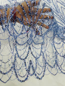 Blue Luxury Beaded Pattern Fabric by the yard, Embroidery Beaded Lace Fabric