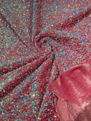 58/60" Velvet Sequins Stretch Fabric - Blue Iridescent on Pink - Velvet Sequins 2 Way Stretch Sold By Yard