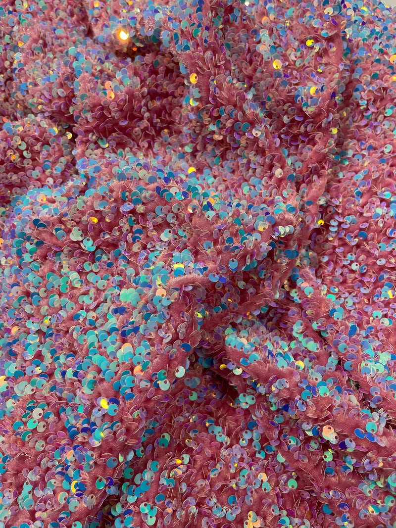 58/60" Velvet Sequins Stretch Fabric - Blue Iridescent on Pink - Velvet Sequins 2 Way Stretch Sold By Yard