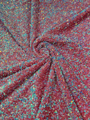 58/60" Velvet Sequins Stretch Fabric - Blue Iridescent on Pink - Velvet Sequins 2 Way Stretch Sold By Yard