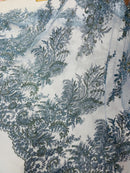 Blue Silver Rhinestones Glitter Fabric on a Mesh by the Yard | Quinceañera Design Glitter Rhinestones on Mesh Fabric Prom Dress