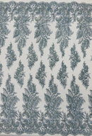 Blue Silver Rhinestones Glitter Fabric on a Mesh by the Yard | Quinceañera Design Glitter Rhinestones on Mesh Fabric Prom Dress