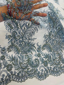 Blue Silver Rhinestones Glitter Fabric on a Mesh by the Yard | Quinceañera Design Glitter Rhinestones on Mesh Fabric Prom Dress