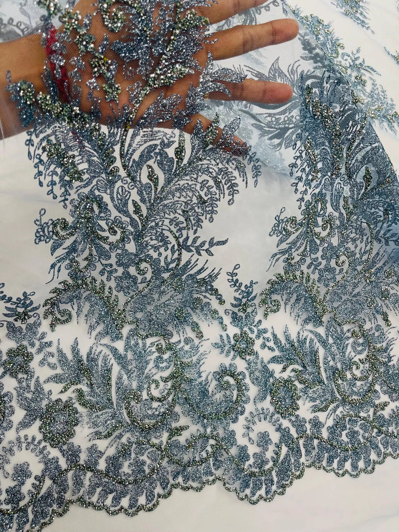 Blue Silver Rhinestones Glitter Fabric on a Mesh by the Yard | Quinceañera Design Glitter Rhinestones on Mesh Fabric Prom Dress