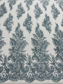 Blue Silver Rhinestones Glitter Fabric on a Mesh by the Yard | Quinceañera Design Glitter Rhinestones on Mesh Fabric Prom Dress