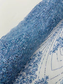 Blue Luxury Beaded Fabric By The Yard, Luxury Geometric Design Beads and Sequins Mesh
