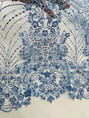 Blue Luxury Beaded Fabric By The Yard, Luxury Geometric Design Beads and Sequins Mesh