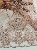 Blush Luxury Beaded Fabric By The Yard, Luxury Geometric Design Beads and Sequins Mesh