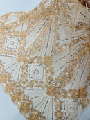 Blush Beaded Geometric Pattern Beaded Fabric by the yard, Embroidery Beaded Lace Fabric