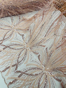 Blush Embroidery Beaded Fabric by Yard, Sequin on a Mesh with Floral Lace