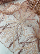 Blush Embroidery Beaded Fabric by Yard, Sequin on a Mesh with Floral Lace