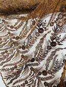 Brown Floral Design Beads & Sequins, Lace Beaded Floral & Leaf Embroidered Lace