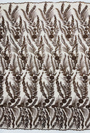 Brown Floral Design Beads & Sequins, Lace Beaded Floral & Leaf Embroidered Lace