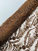 Brown Floral Design Beads & Sequins, Lace Beaded Floral & Leaf Embroidered Lace