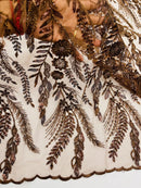 Brown Floral Design Beads & Sequins, Lace Beaded Floral & Leaf Embroidered Lace