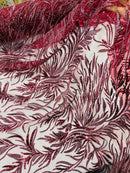 Burgundy Beaded Fabric by the yard, Bridal beaded, Damask Pattern With Beads and Sequin