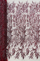 Burgundy Beaded Fabric by the yard, Bridal beaded, Damask Pattern With Beads and Sequin