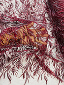 Burgundy Beaded Fabric by the yard, Bridal beaded, Damask Pattern With Beads and Sequin