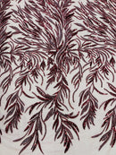 Burgundy Beaded Fabric by the yard, Bridal beaded, Damask Pattern With Beads and Sequin