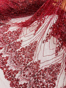 Burgundy Luxury Beaded Fabric By The Yard, Luxury Geometric Design Beads and Sequins Mesh