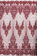 Burgundy Luxury Beaded Fabric By The Yard, Luxury Geometric Design Beads and Sequins Mesh
