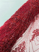Burgundy Luxury Beaded Fabric By The Yard, Luxury Geometric Design Beads and Sequins Mesh