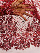 Burgundy Luxury Beaded Fabric By The Yard, Luxury Geometric Design Beads and Sequins Mesh