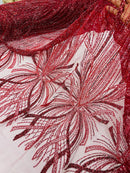 Burgundy Embroidery Beaded Fabric by Yard, Sequin on a Mesh with Floral Lace