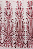 Burgundy Embroidery Beaded Fabric by Yard, Sequin on a Mesh with Floral Lace