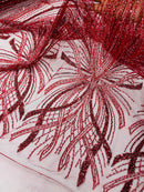 Burgundy Embroidery Beaded Fabric by Yard, Sequin on a Mesh with Floral Lace