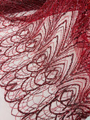 Burgundy Luxury Beaded Pattern Fabric by the yard, Embroidery Beaded Lace Fabric