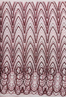Burgundy Luxury Beaded Pattern Fabric by the yard, Embroidery Beaded Lace Fabric