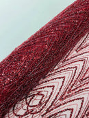 Burgundy Luxury Beaded Pattern Fabric by the yard, Embroidery Beaded Lace Fabric
