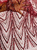 Burgundy Luxury Beaded Pattern Fabric by the yard, Embroidery Beaded Lace Fabric