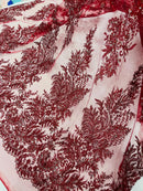 Burgundy Silver Rhinestones Glitter Fabric on a Mesh by the Yard | Quinceañera Design Glitter Rhinestones on Mesh Fabric Prom Dress